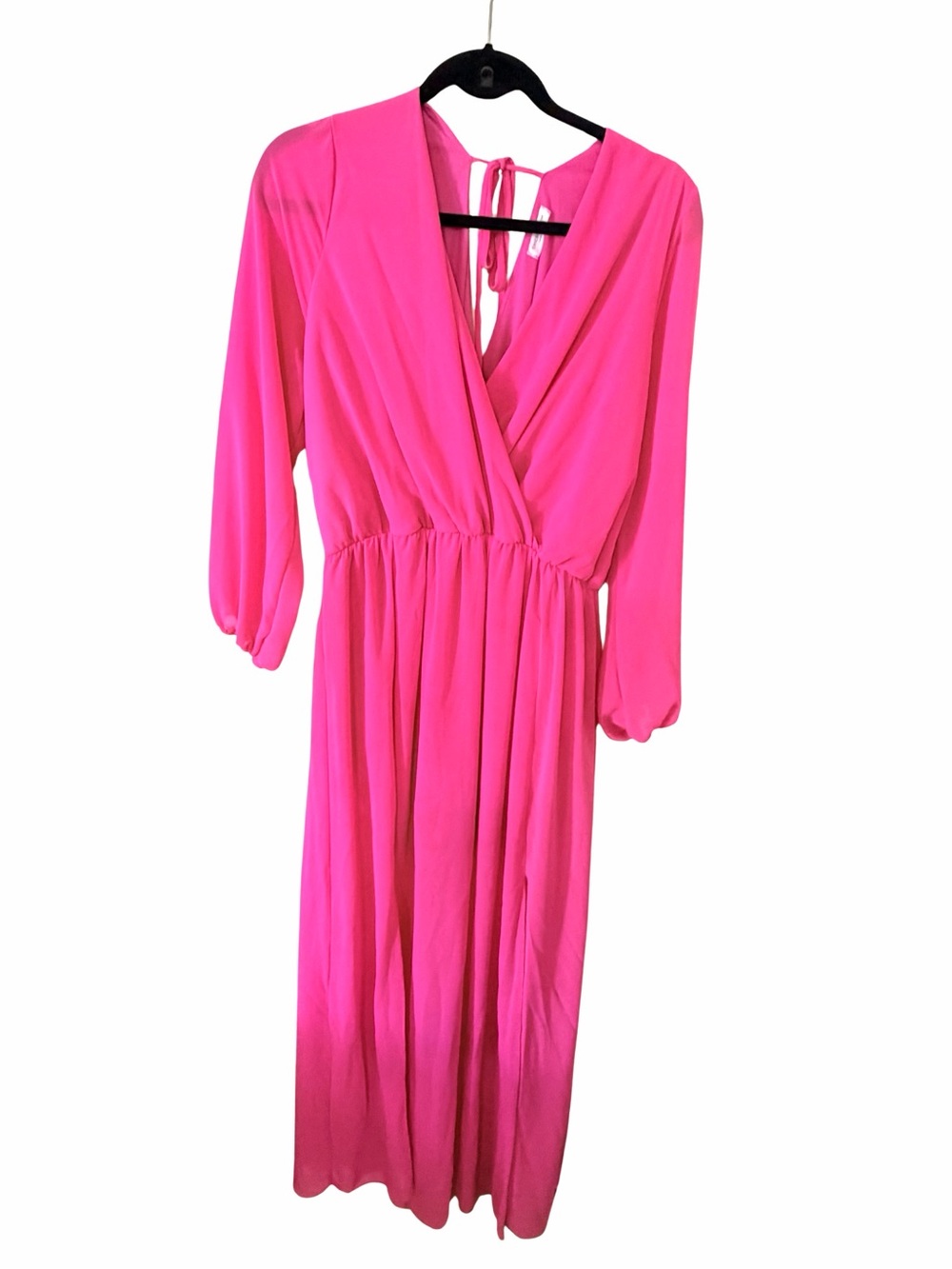 Feminine Hot Pink Long Sleeve Wrap Maxi Dress
